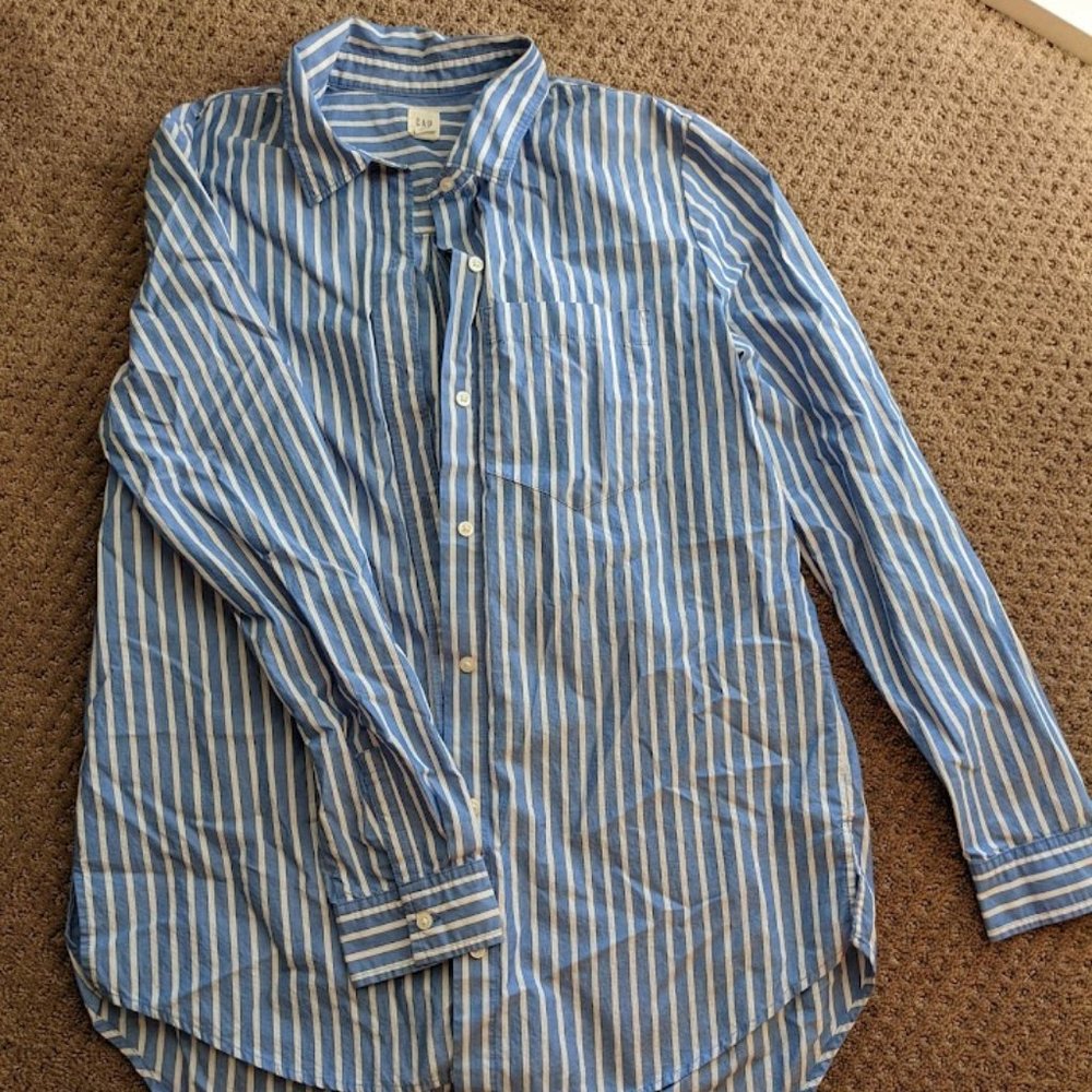Blue and White Striped Button Up Women's Blouse